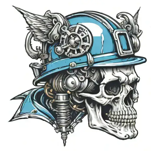 blue collar skull wearing hard hat tattoo design idea