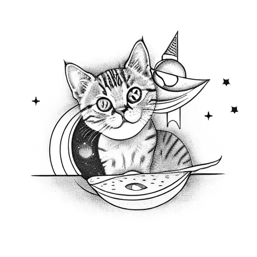 A black and grey tattoo of a cat sitting on a stack of tarot cards with a moon in the background tattoo design idea