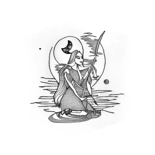 A witch reading tarot cards under a crescent moon tattoo design idea