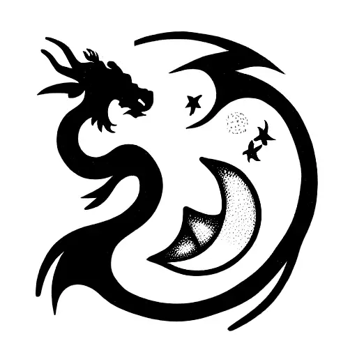 dragon with ox and moon and tulips tattoo design idea