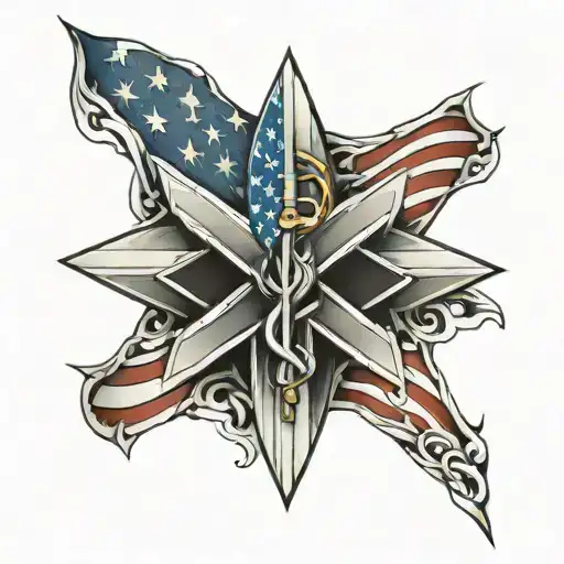An abstract interpretation of the American flag with a subtle incorporation of the star of life, representing your dedication to both your country and your profession as an EMT tattoo design idea