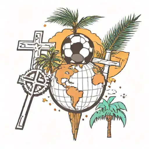 three crosses, scale unbalanced, soccer ball, palm tree, earth globe, emoji tattoo design idea