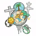 three crosses, scale unbalanced, soccer ball, palm tree, earth globe, emoji tattoo design idea