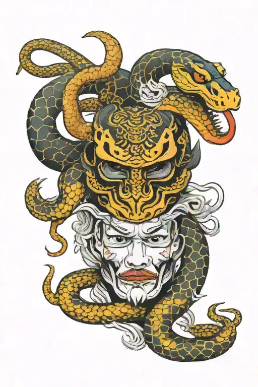 snake, anja mask and japanese drift car tattoo design idea