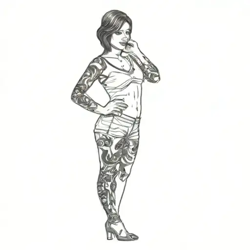 a woman posing in front of a couch tattoo design idea