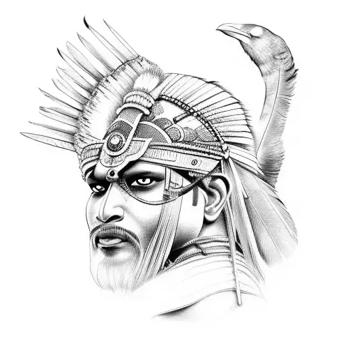 Indian warrior with a raven for a helmet tattoo design idea
