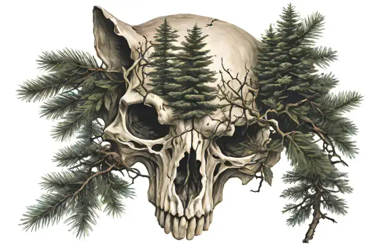 overgrown fox skull with pine trees tattoo design idea