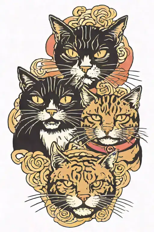 cat with two heads. one is angry, the other is calm with a cigarette in her mouth tattoo design idea