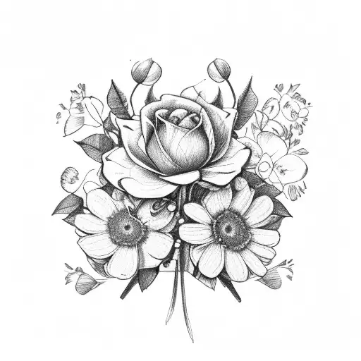 sketch of a bouquet with September birth flower, march birth flower, lilac, 4 leaf clover, monarch butterfly tattoo design idea