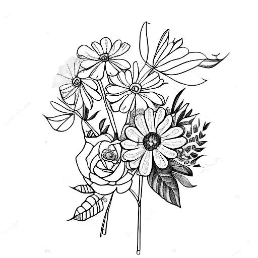 sketch of a bouquet with September birth flower, march birth flower, lilac, 4 leaf clover, monarch butterfly tattoo design idea