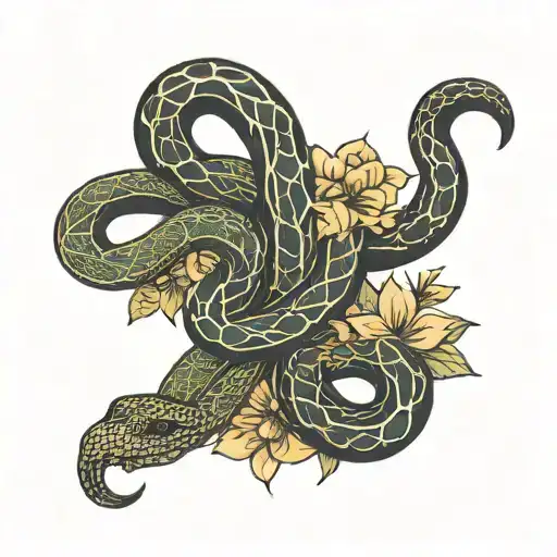 a line with two snakes intertwining and flowers tattoo design idea