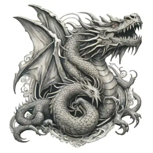 un dragon adulto jugando con su hijo dragon y despues otro al lado del paso del tiempo el dragon hijo se a echo grande tattoo design idea