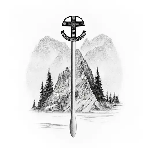 christian cross, kayak paddle, tree, mountain tattoo design idea