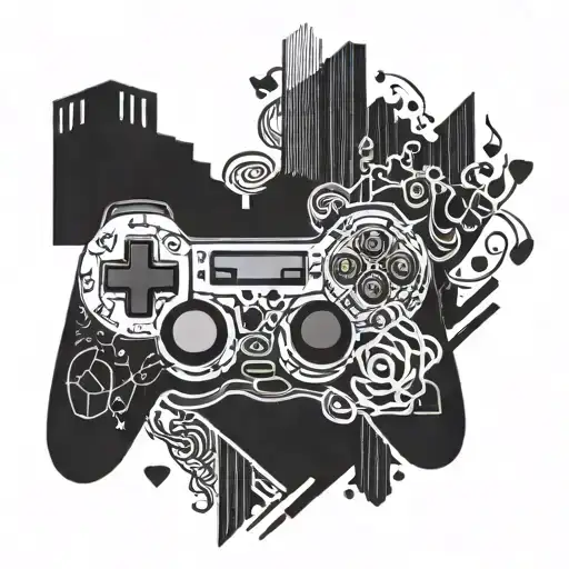 An intricate design combining elements of gaming controllers and musical notes, with a subtle nod to family ties tattoo design idea