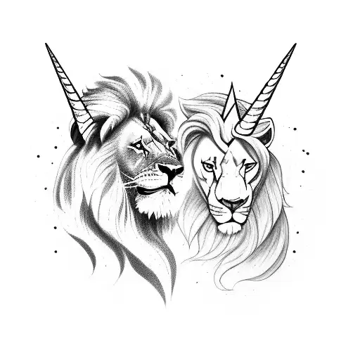lion fighting a unicorn, realistic tattoo design idea