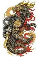 colours are black, red and gold, magnificent creature in dark cloak, golden arms, golden symbols, creepy, red elements tattoo design idea