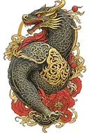 colours are black, red and gold, magnificent creature in dark cloak, golden arms, golden symbols, creepy, red elements tattoo design idea