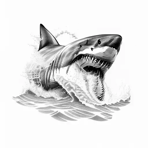 A majestic great white shark emerging from a crashing wave tattoo design idea