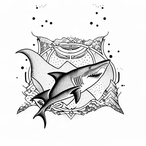 An intricate blackwork design of a shark swimming through a forest of lighthouses. tattoo design idea