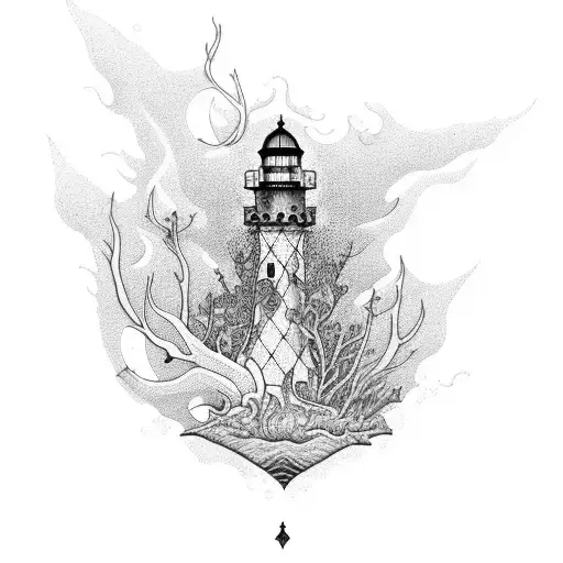 An intricate blackwork design of a shark swimming through a forest of lighthouses. tattoo design idea
