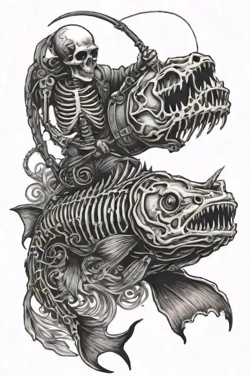 skeleton fish skeleton fisherman reeling tattoo design idea