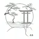 japanese tree and torii gate tattoo design idea