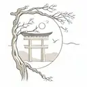 japanese tree and torii gate tattoo design idea