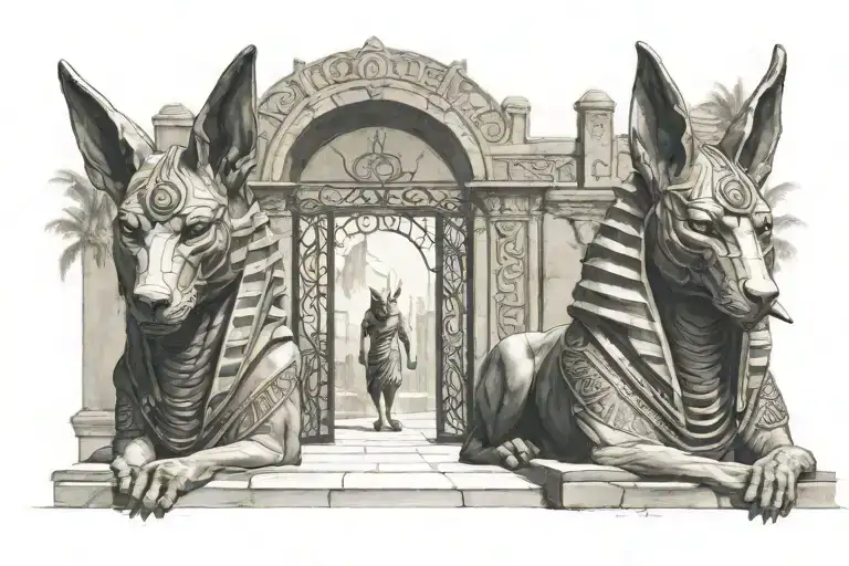 anubis in front of gate tattoo design idea