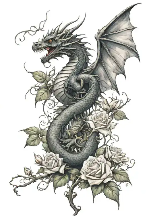 A dragon coiled around a blooming rose bush, with a fairy perched on a nearby branch soaking up the sunshine tattoo design idea