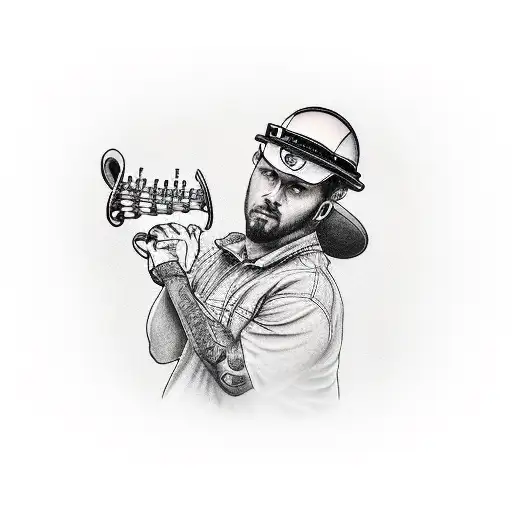 A realistic construction worker playing a musical instrument on a hill tattoo design idea