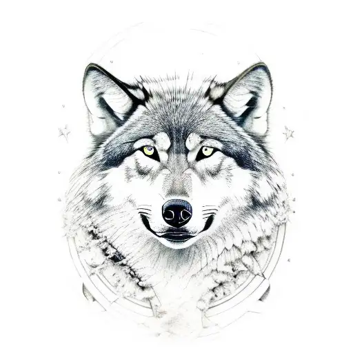 A realistic portrait of an American football player with a wolf and moon in the background, standing on a hill tattoo design idea