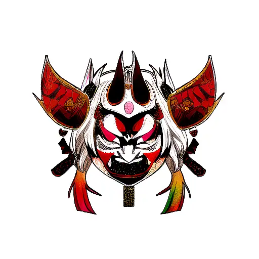 Hannya mask with intricate armor patterns tattoo design idea
