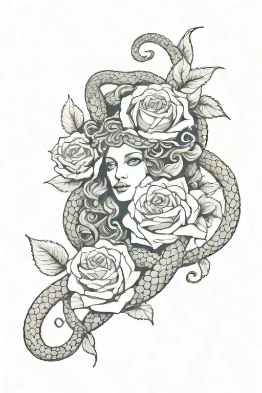 medusa  and snake with roses wrapped tattoo design idea