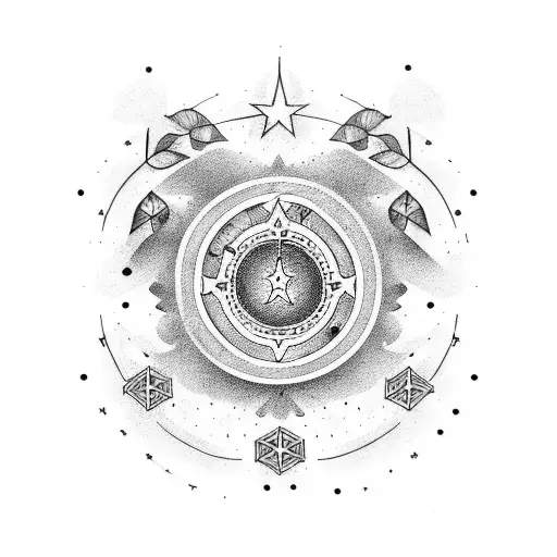 minimalist tattoo with stars, musical notes, roman elements and natural lines tattoo design idea