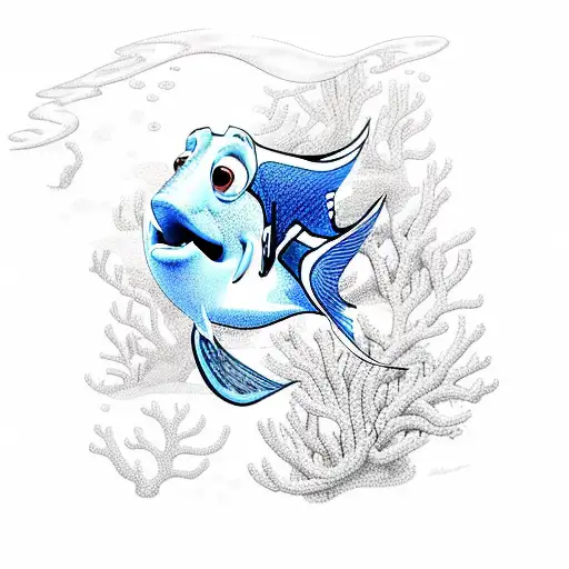 A realistic depiction of Dory swimming through a serene underwater scene with colorful coral and sea flowers. tattoo design idea