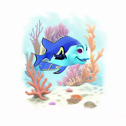 A realistic depiction of Dory swimming through a serene underwater scene with colorful coral and sea flowers. tattoo design idea