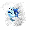 A realistic depiction of Dory swimming through a serene underwater scene with colorful coral and sea flowers. tattoo design idea