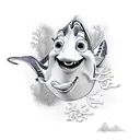 A realistic depiction of Dory swimming through a serene underwater scene with colorful coral and sea flowers. tattoo design idea