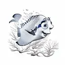 A realistic depiction of Dory swimming through a serene underwater scene with colorful coral and sea flowers. tattoo design idea