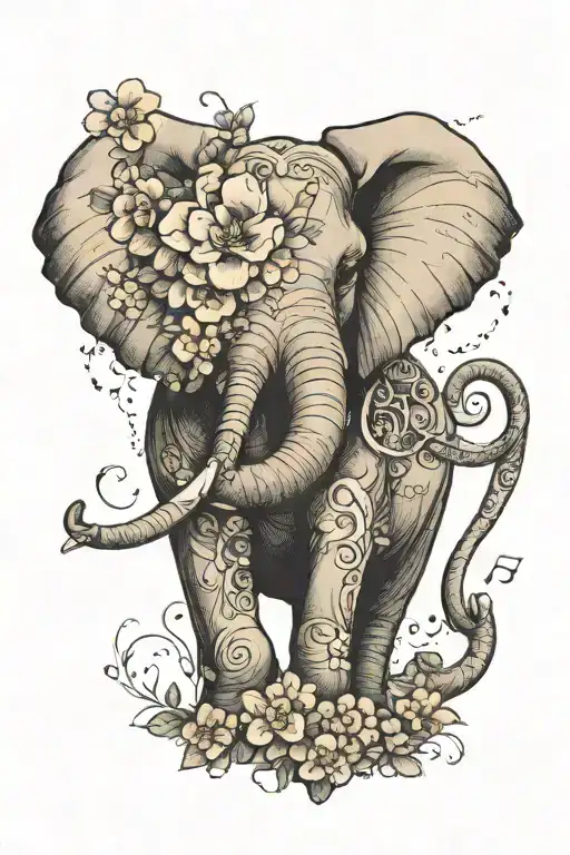 elephant with flowers incorporating music note intertwined tattoo design idea
