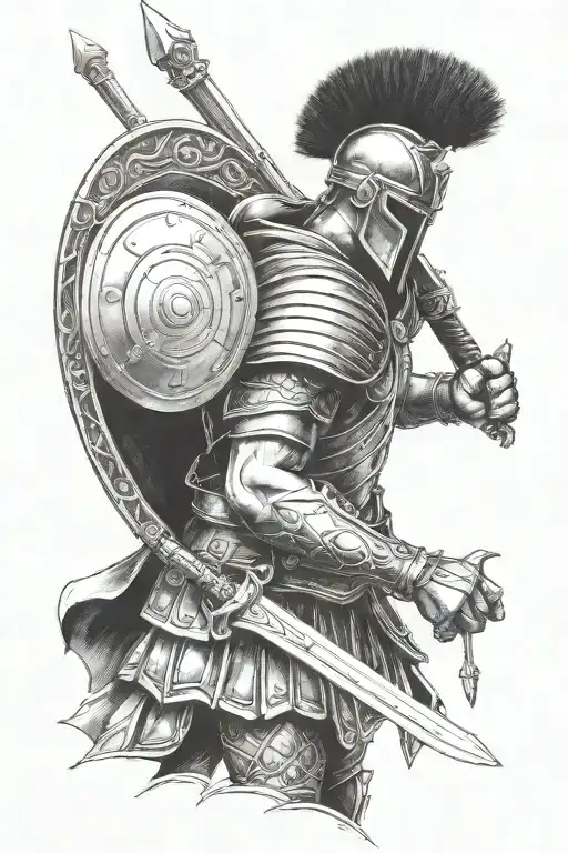 Create a Roman gladiator in a close-up, featuring a sleek, unadorned armor design, emphasizing simplicity and clarity. The drawing should be realistically detailed yet easy to execute in elegant black and white tones. Ensure the gladiator's pose is prominent and graceful, with no intricate details in the armor. tattoo design idea