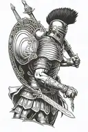Create a Roman gladiator in a close-up, featuring a sleek, unadorned armor design, emphasizing simplicity and clarity. The drawing should be realistically detailed yet easy to execute in elegant black and white tones. Ensure the gladiator's pose is prominent and graceful, with no intricate details in the armor. tattoo design idea