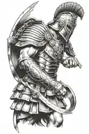 Create a Roman gladiator in a close-up, featuring a sleek, unadorned armor design, emphasizing simplicity and clarity. The drawing should be realistically detailed yet easy to execute in elegant black and white tones. Ensure the gladiator's pose is prominent and graceful, with no intricate details in the armor. tattoo design idea
