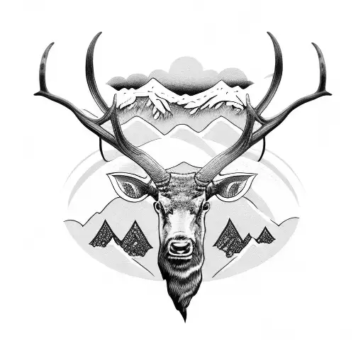 long horn with mountains and elk horns tattoo design idea