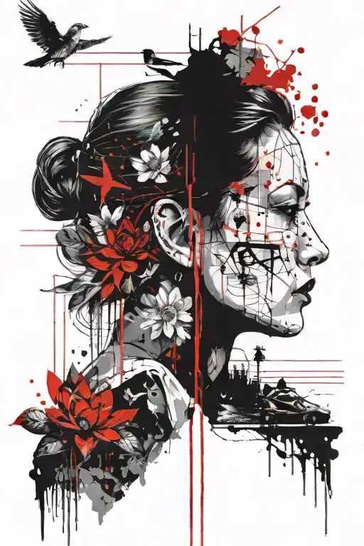 Centimetre and millimeter measurement guide in surrounded by trash polka style art including face, tree, lotus and birds tattoo design idea