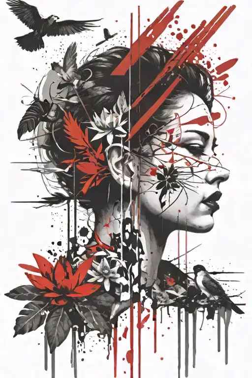 red ruler center and vertical in surrounded by trash polka style art including face, tree, lotus and birds tattoo design idea