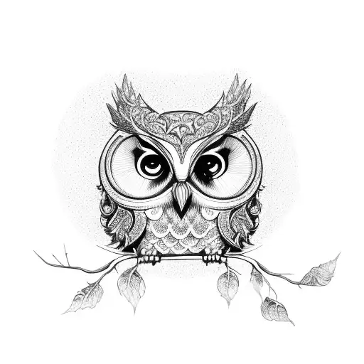 An intricate design featuring a wise owl perched on a branch surrounded by sailor birds tattoo design idea