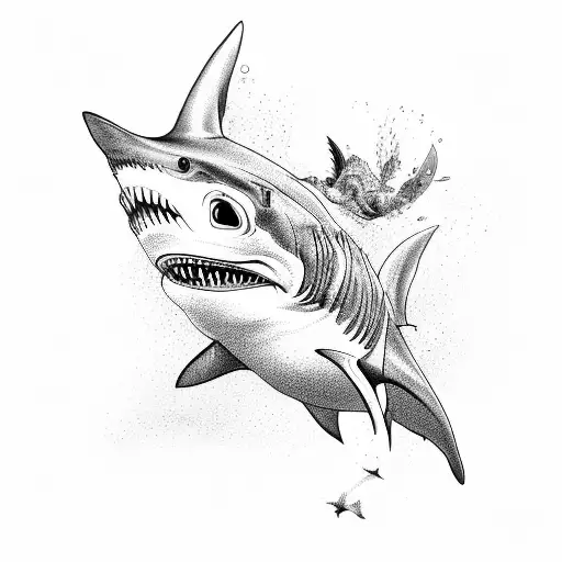 A fierce shark swimming through a school of hummingbirds tattoo design idea