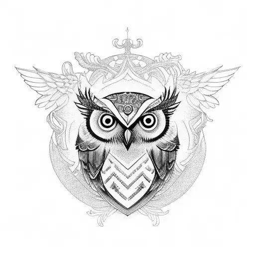 An intricate design featuring a wise owl perched on a branch surrounded by sailor birds tattoo design idea