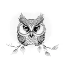 An intricate design featuring a wise owl perched on a branch surrounded by sailor birds tattoo design idea